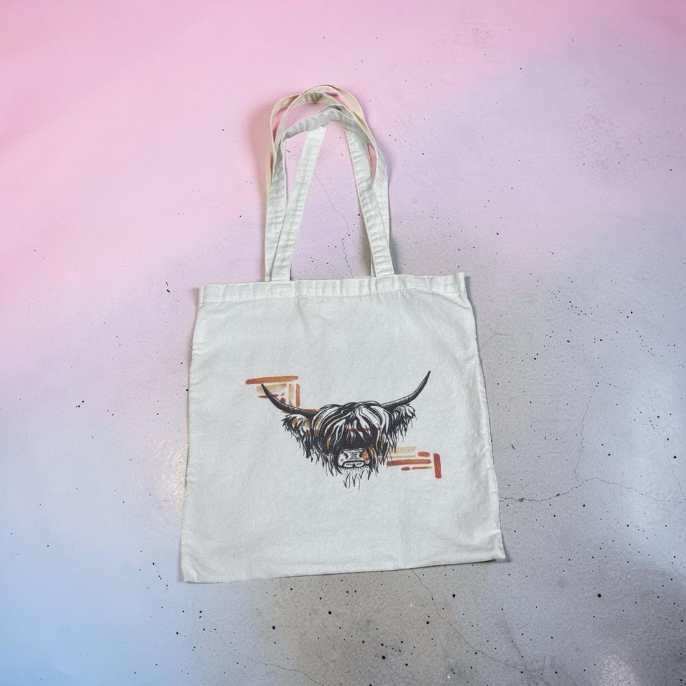 White Canvas Tote Bag with Highland Cow Graphic - Unbranded